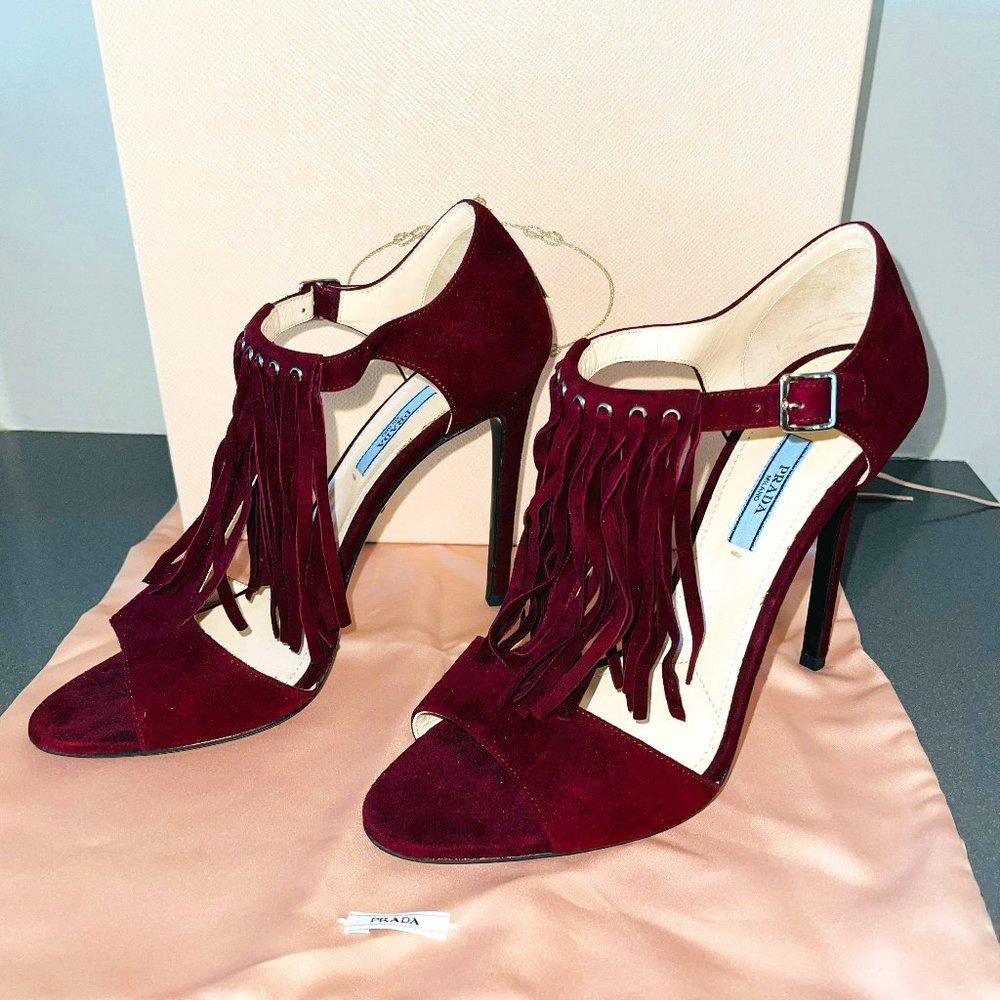 NEW Prada High-Heel Suede Fringe Sandal US 8